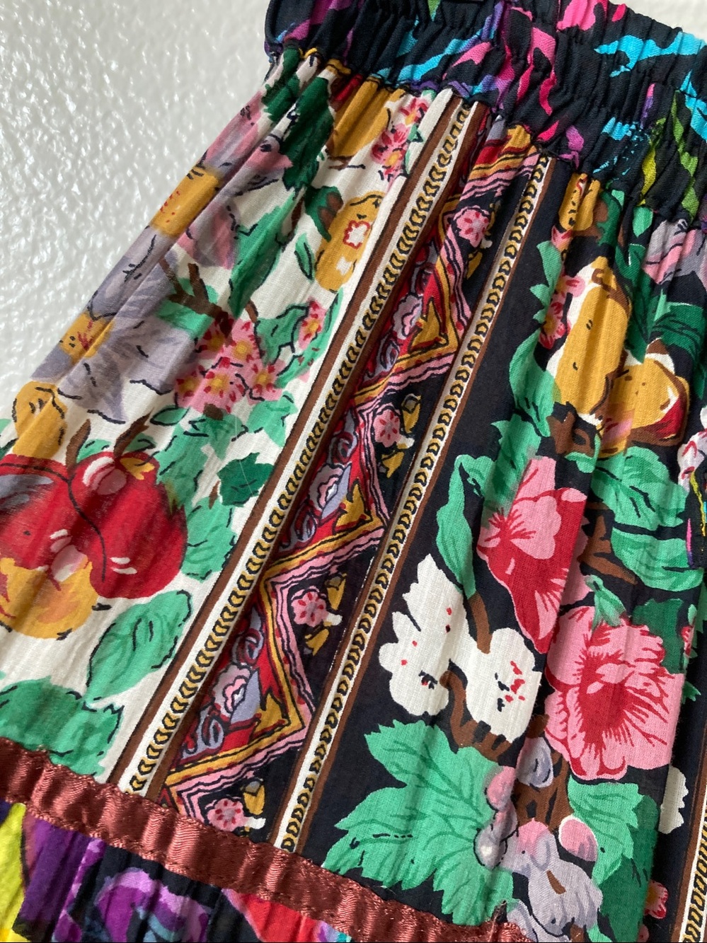 Vintage 90s Y2K Maxi Skirt Fish Floral Fruit Abstract Satin Ribbon trim sz M - Picture 3 of 10